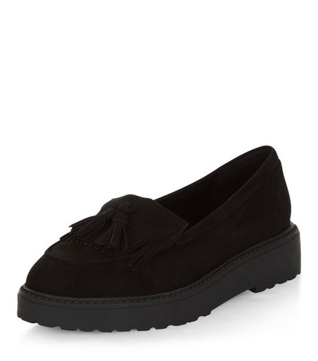 Wide Fit Black Suedette Tassel Trim Loafers | New Look