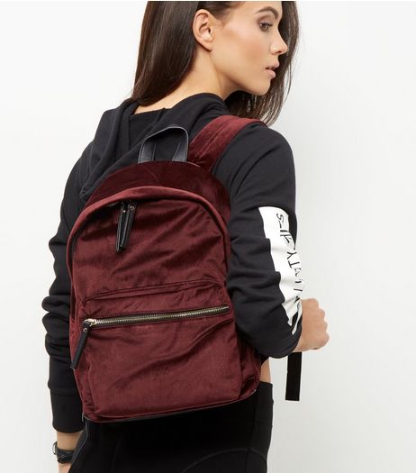 Burgundy Velvet Pocket Front Backpack | New Look