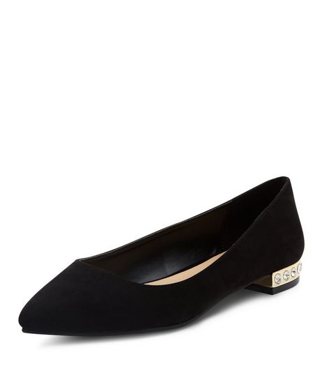 Wide Fit Black Suedette Gem Trim Pointed Pumps | New Look