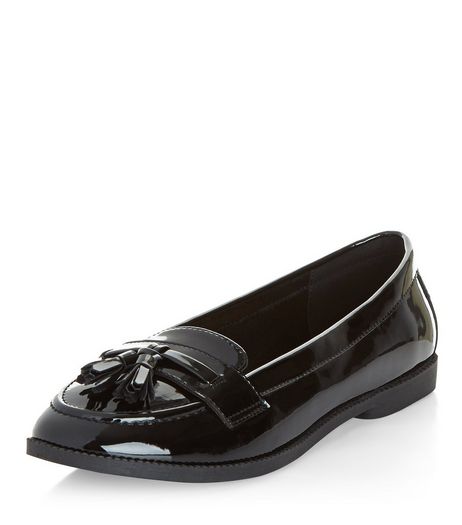 Wide Fit Black Patent Tassel Trim Loafers | New Look