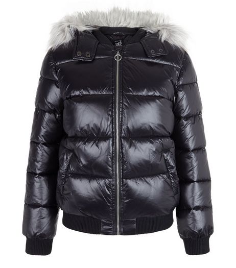 Teens Black Faux Fur Trim Padded Coat | New Look