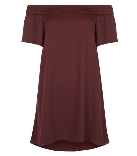 Petite Burgundy Sateen Bardot Neck Slip Dress | New Look