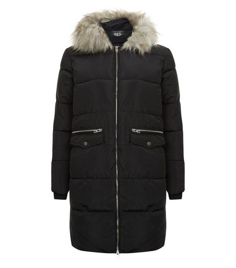 Teens Black Faux Fur Hooded Longline Coat | New Look