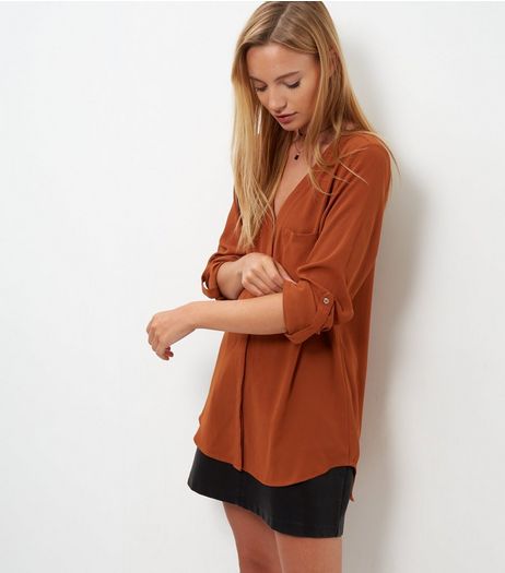 Tall Rust V Neck Roll Sleeve Shirt | New Look