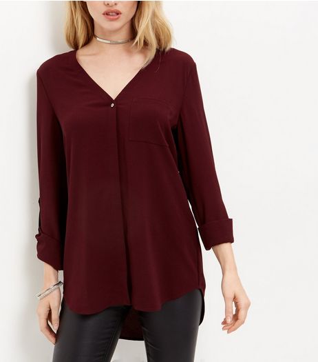 Tall Dark Purple V Neck Roll Sleeve Shirt | New Look