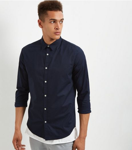 Navy Poplin Washed Long Sleeve Shirt | New Look