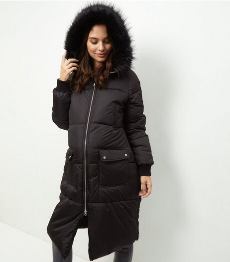 Maternity Black Faux Fur Trim Puffa Jacket | New Look