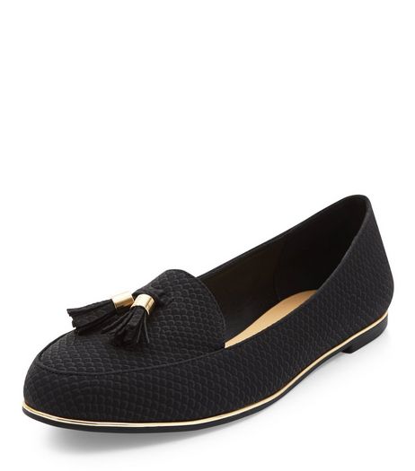 Black Textured Tassel Metal Trim Loafers | New Look
