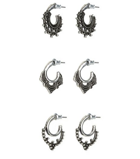 3 Pack Silver Cut Out Drop Hoop Earrings | New Look