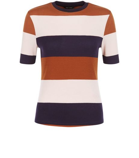 Brown Colour Block Stripe 1/2 Sleeve Top | New Look