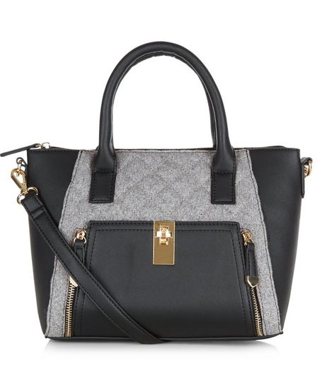 Black Felt Panel Twist Lock Mini Tote Bag | New Look
