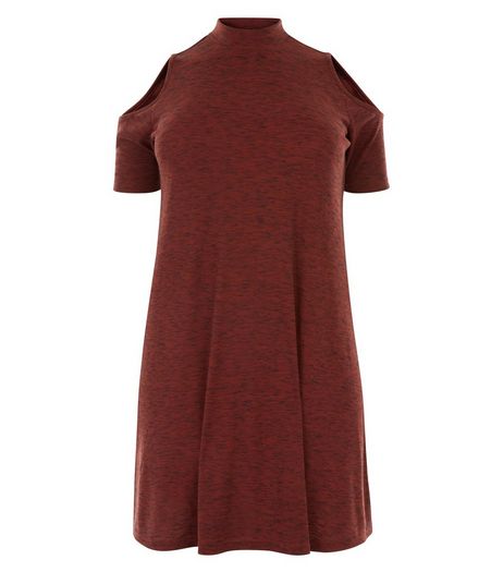 Curves Dark Red Cold Shoulder Swing Dress | New Look