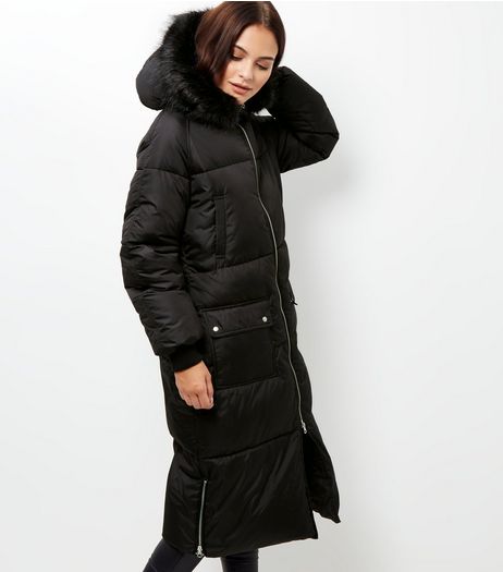Tall Black Faux Fur Trim Hooded Longline Coat | New Look