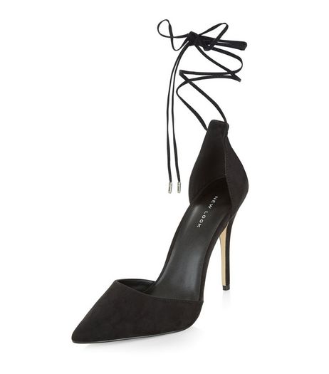 Black Suedette Tie Ankle Strap Pointed Heels | New Look