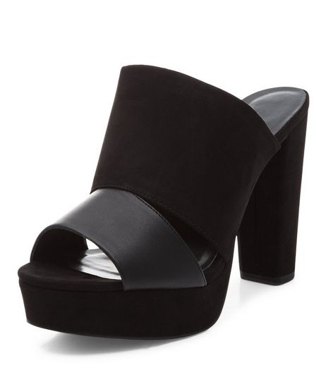 Black Contrast Double Strap Peep Toe Mules | New Look