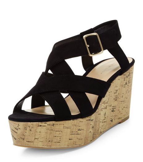 Black Suedette Cross Strap Cork Platform Wedge Sandals | New Look