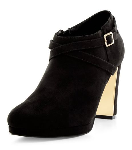 Black Suedette Metal Trim Block Heel Shoe Boots | New Look