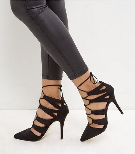 Black Suedette Ghillie Pointed Heels | New Look