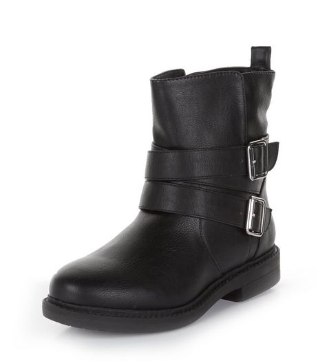 Teens Black Leather-Look Strappy Biker Boots | New Look