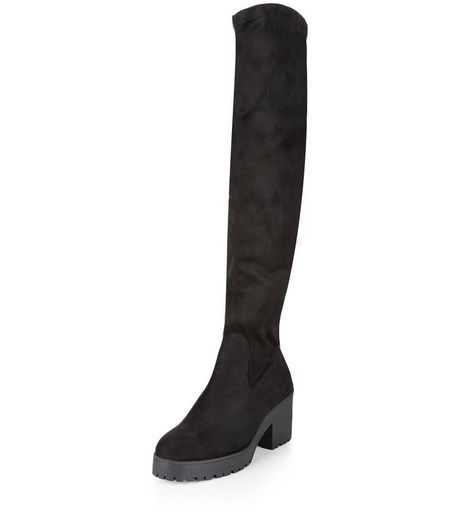 Wide Fit Black Suedette Block Heel Over The Knee Boots | New Look
