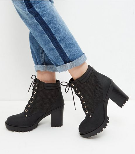 Black Quilted Panel Lace Up Block Heel Boots | New Look