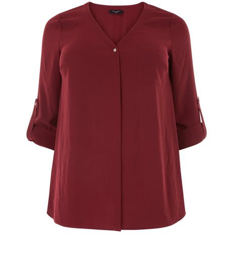Curves Burgundy Roll Sleeve Shirt | New Look