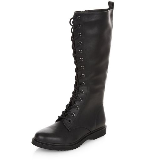 Black Lace Up Knee High Boots | New Look