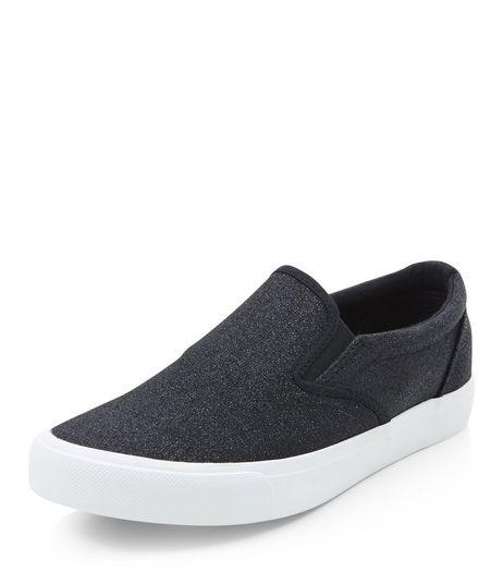 Teens Black Glitter Slip On Plimsolls | New Look