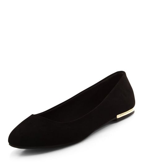 Wide Fit Black Suedette Metal Trim Ballet Pumps | New Look