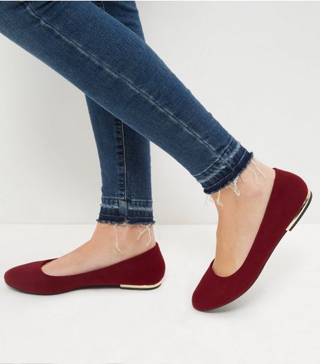 Wide Fit Dark Red Suedette Metal Trim Ballet Pumps | New Look