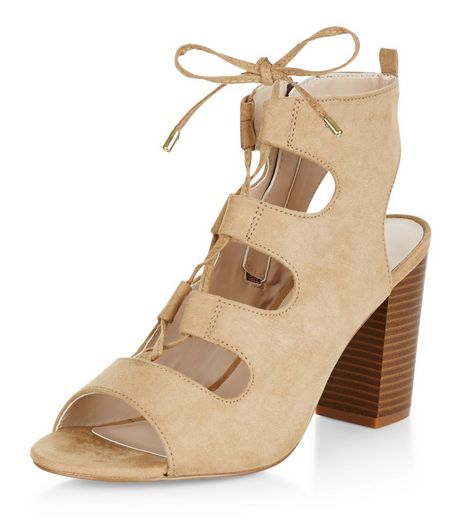 Wide Fit Camel Suedette Ghillie Block Heels | New Look