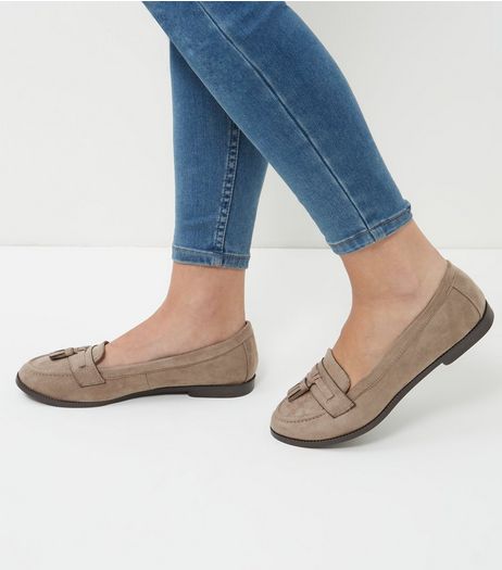 Wide Fit Light Brown Suedette Tassel Trim Loafers | New Look