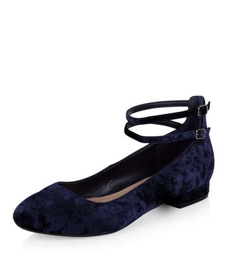 Wide Fit Navy Velvet Double Ankle Strap Pumps | New Look