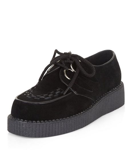 Black Suede Stitch Trim Creepers | New Look