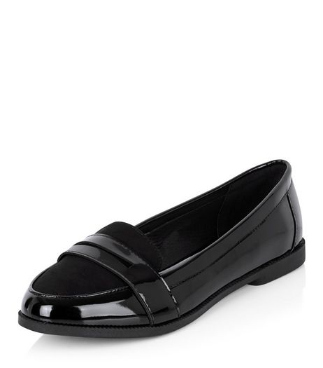 Wide Fit Black Comfort Patent Contrast Loafers | New Look