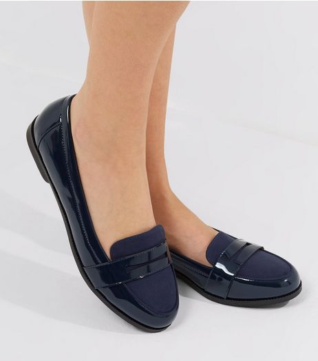 Wide Fit Navy Comfort Patent Loafers | New Look