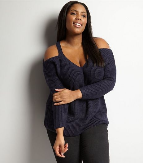 Curves Navy Cold Shoulder V Neck Jumper | New Look