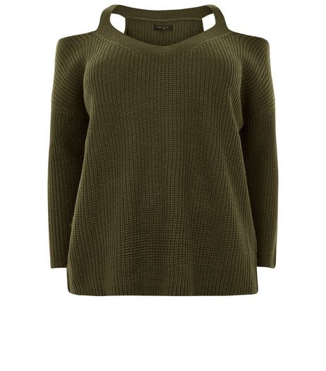 Curves Khaki Cold Shoulder V Neck Jumper | New Look