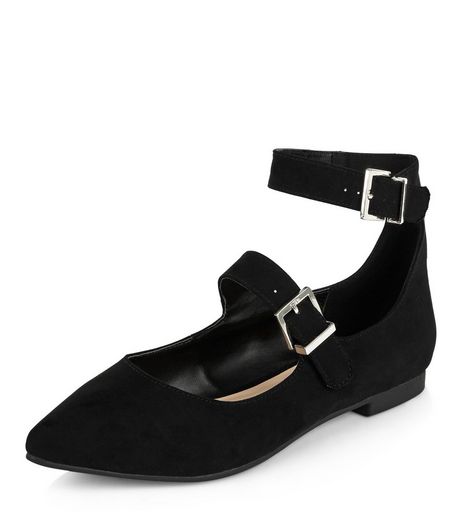 Black Double Strap Pointed Pumps | New Look