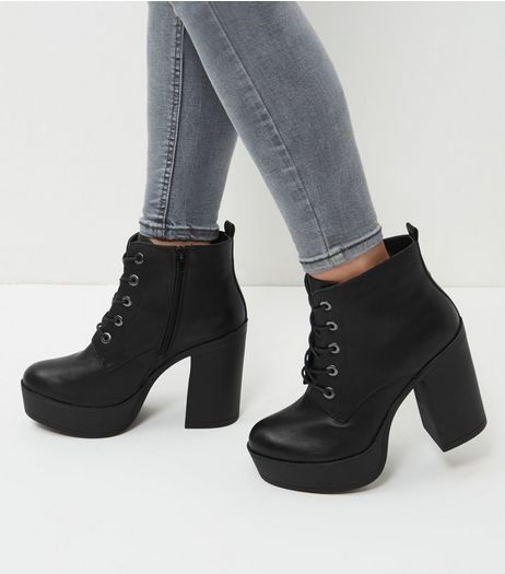 Wide Fit Black Leather-Look Lace Up Block Heel Boots | New Look