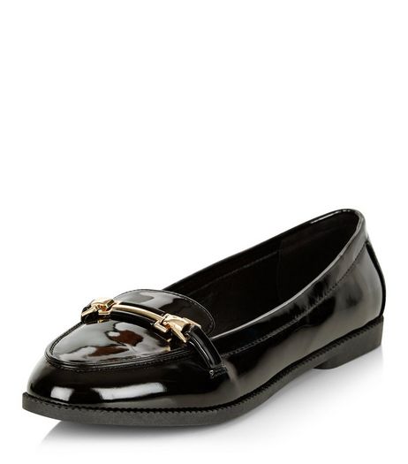 Black Patent Metal Trim Loafers | New Look