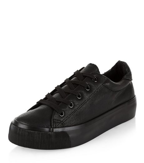 Black Leather-Look Lace Up Plimsolls | New Look
