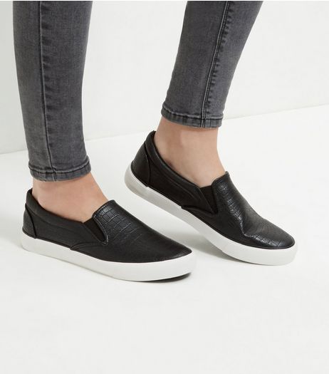 Black Croc Texture Slip On Plimsolls | New Look