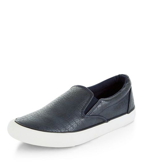 Navy Croc Texture Slip On Plimsolls | New Look