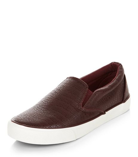 Burgundy Croc Texture Slip On Plimsolls | New Look
