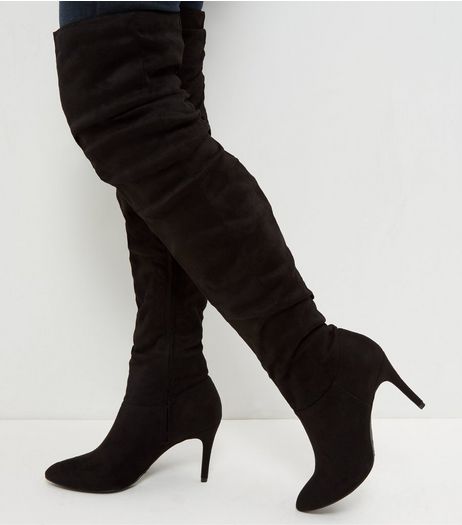 Black Suedette Ruched Pointed Over The Knee Boots | New Look
