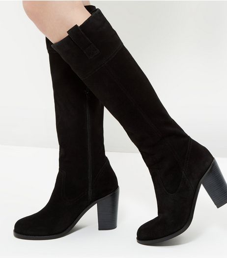 Black Suede Block Heel Knee High Boots | New Look