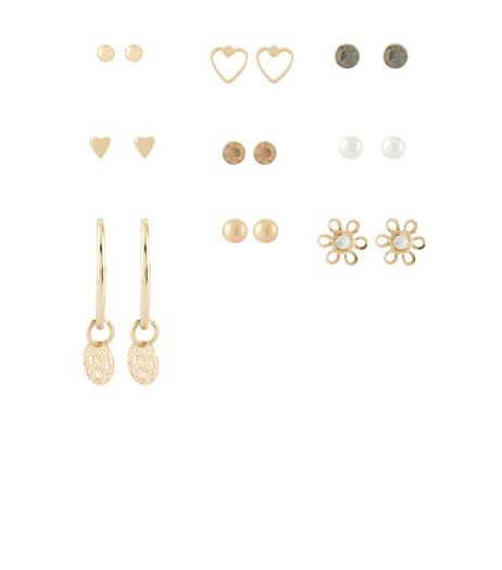 9 Pack Gold Heart Stud Earrings | New Look