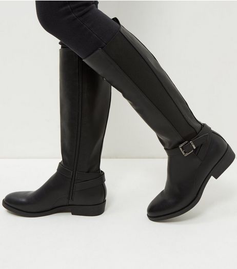 Black Strap Front Elasticated Panel Knee High Boots | New Look