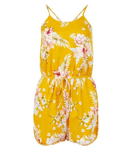 Yellow Floral Print Strappy Playsuit | New Look